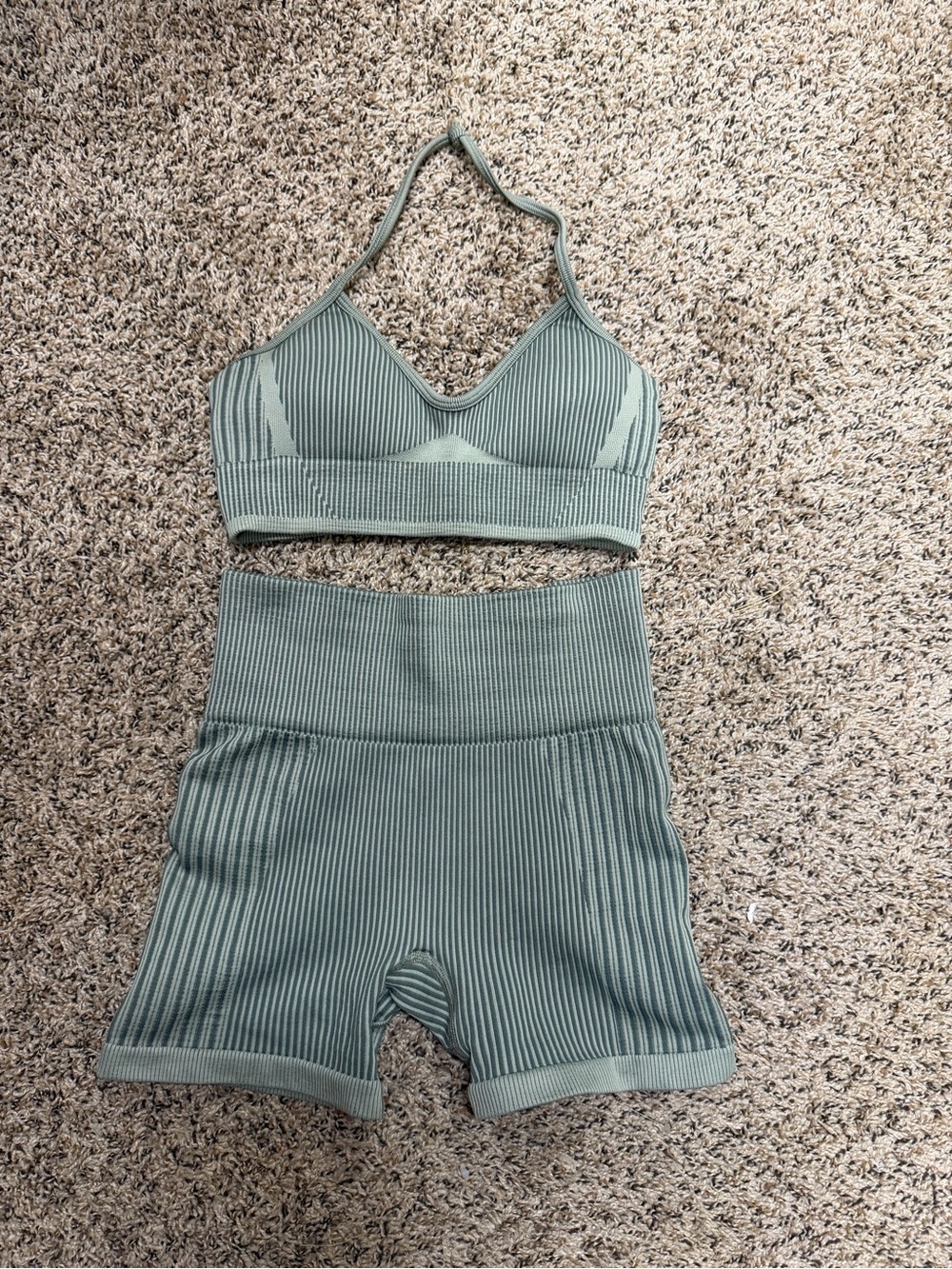 Seamless Ribbed Halter Bralette and High-Waist Shorts Set - Sage Green